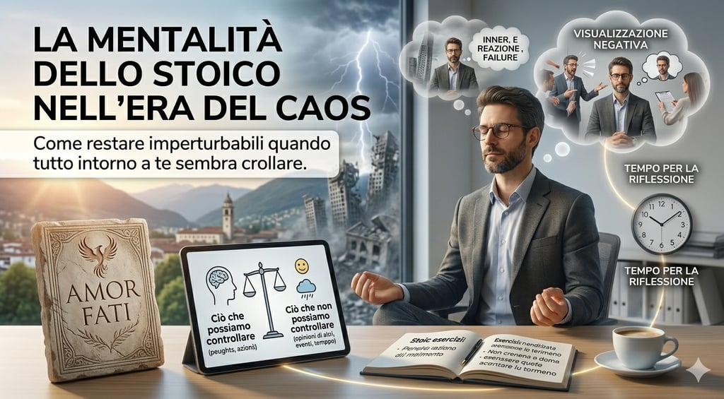 Professional man practicing Stoic meditation and mindfulness amidst a chaotic storm of life events.