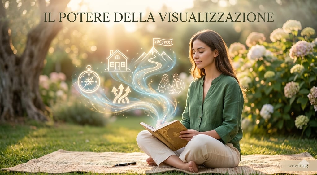 A woman journals in a garden, visualizing success and life goals through glowing mental health icons.