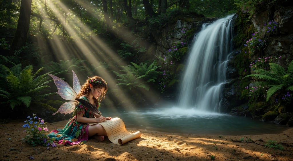 A magical forest fairy writing on a scroll by a misty waterfall with sunbeams through the trees.