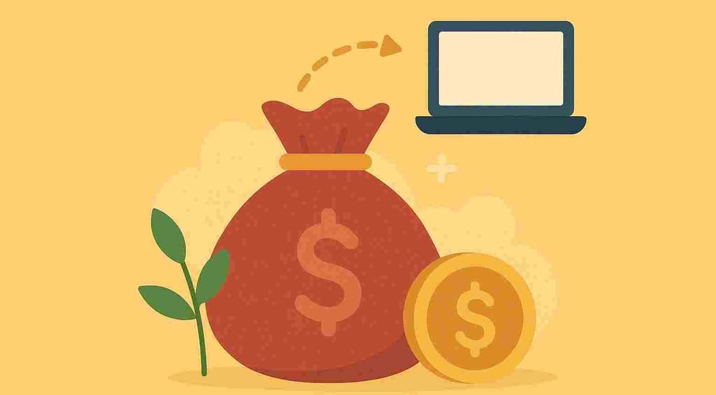 Pengarkasse med dollartecken som pekar mot en dator
