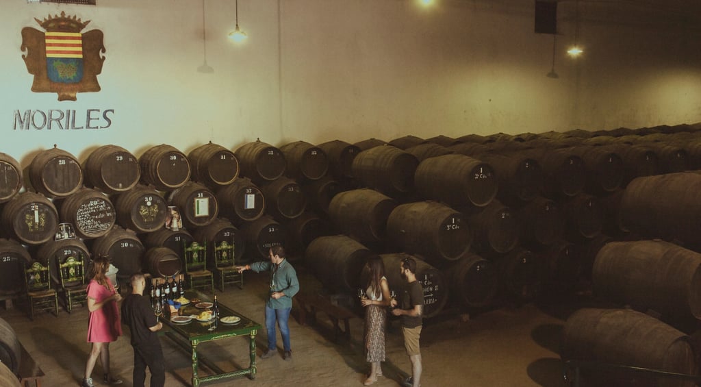 Un grupo de amigos visitan una bodega  y disfrutan de una cata maridaje de vinos de Montilla Moriles