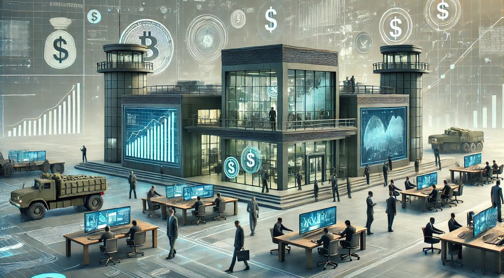 a group of people standing around a table with computers