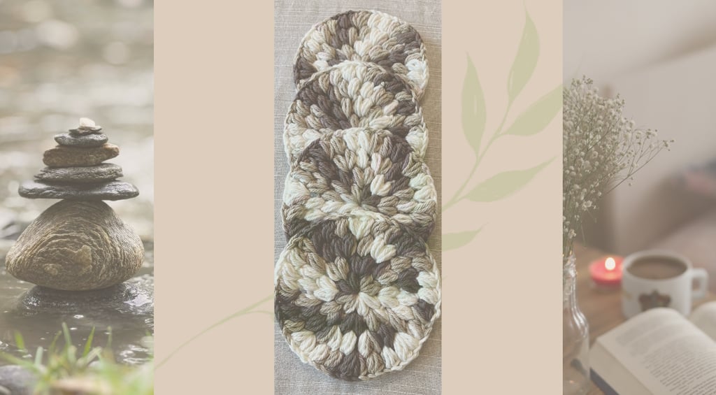 Calm rock stack, crochet coasters, and cozy candle, flowers, book and coffee