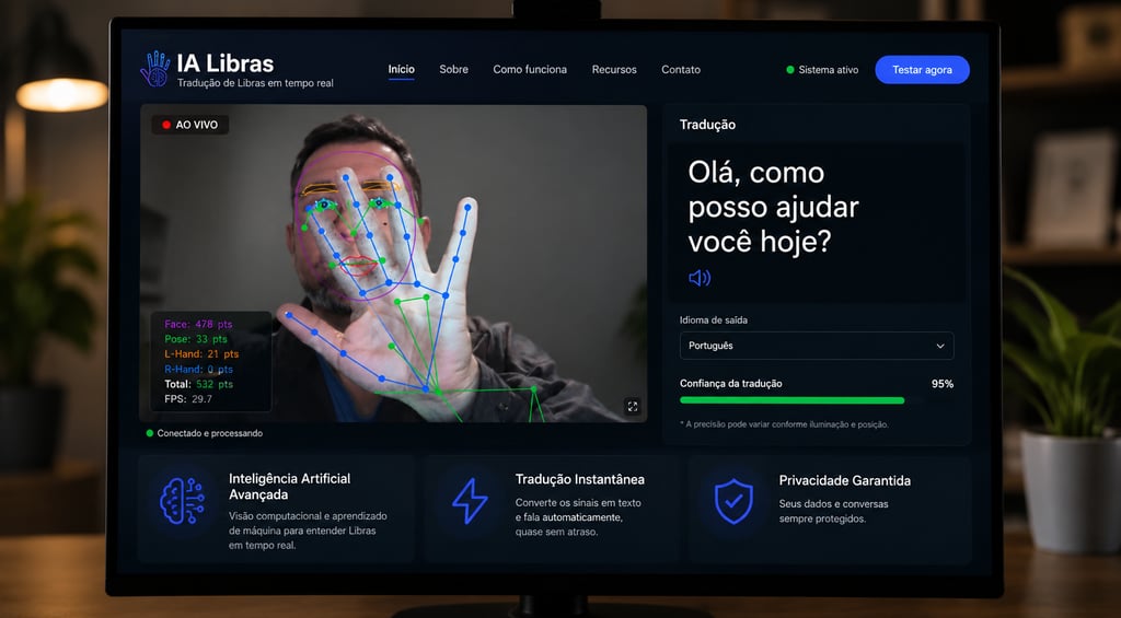 Tela de um computador na pagina da IA Libras o app faz a leitura da mão