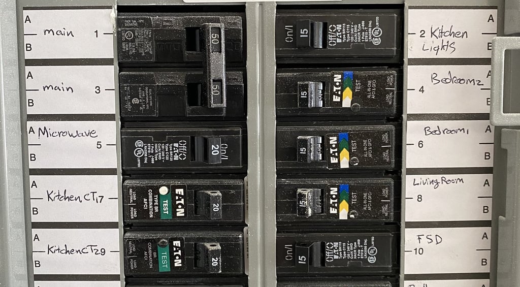 electric panel with labeled breakers