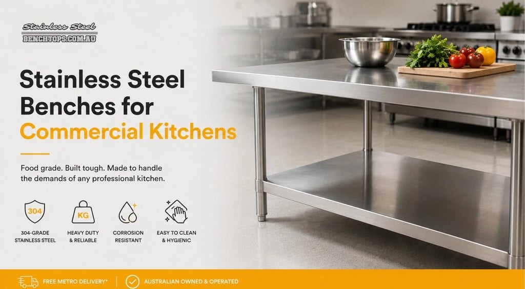 Heavy duty 304 grade stainless steel benches for commercial kitchens.