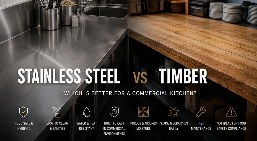 Side-by-side view highlighting stainless steel vs timber benchtops for kitchens.
