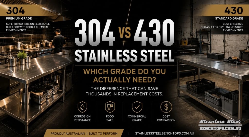 Visual comparison breakdown between 304 vs 430 stainless steel work benches.