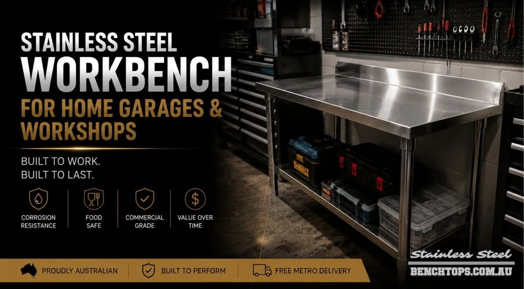 Heavy-duty tool table and stainless steel workbench in a garage workspace.