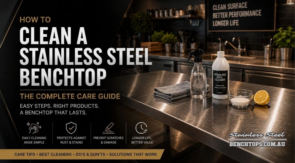 Cleaning supplies arranged on a counter for how to clean a stainless steel benchtop.