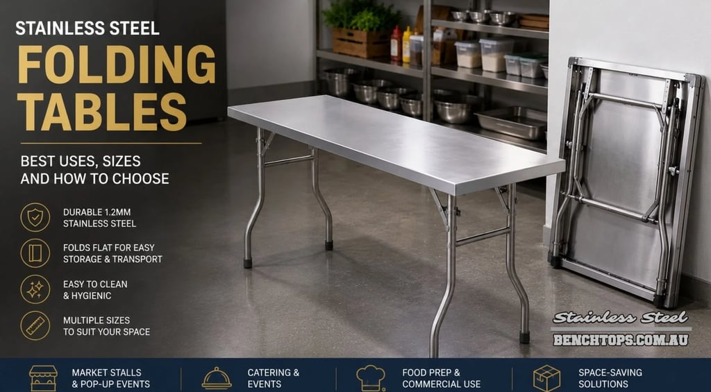 Commercial Stainless Steel Folding Table set up next to a flat-folded unit in a professional kitchen.