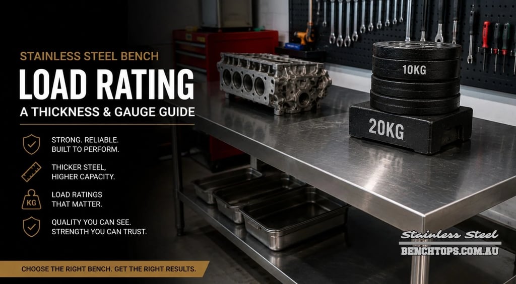 Metal weights on a workshop counter showing stainless steel bench load rating capacity.