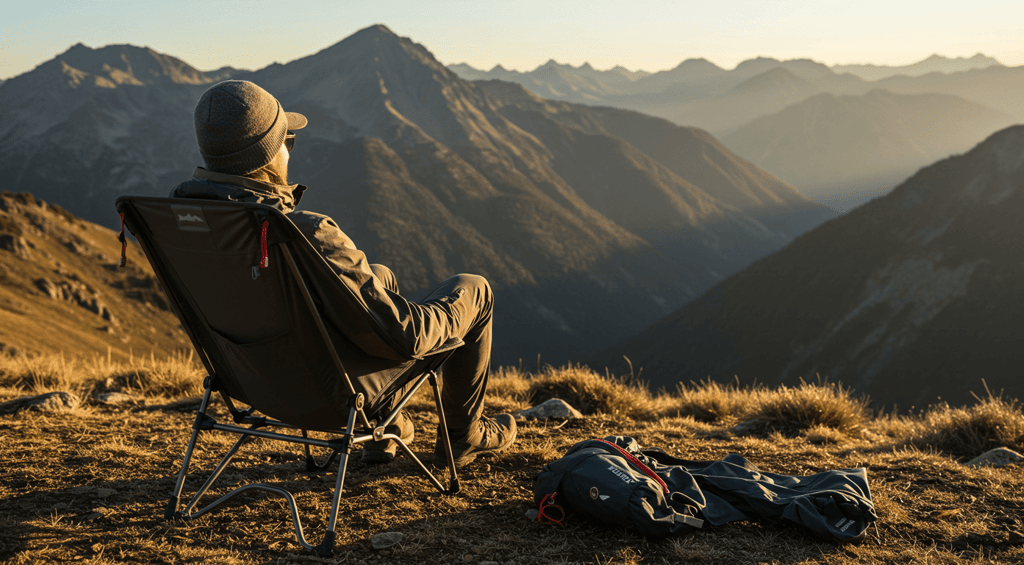 Hiker sitting in comfortable lightweight chair while enjoying sundown on a mountain top
