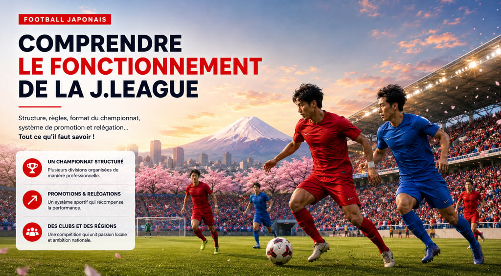 Illustration du fonctionnement de la J.League avec un match de football dans un stade japonais.
