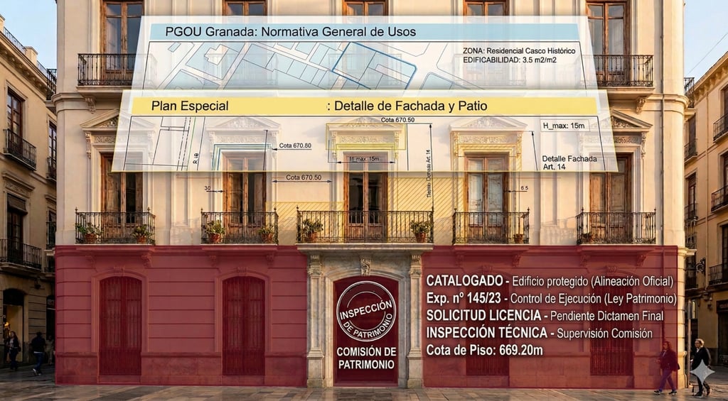 Infografía técnica: Superposición de PGOU y Plan Especial en fachada histórica Granada.