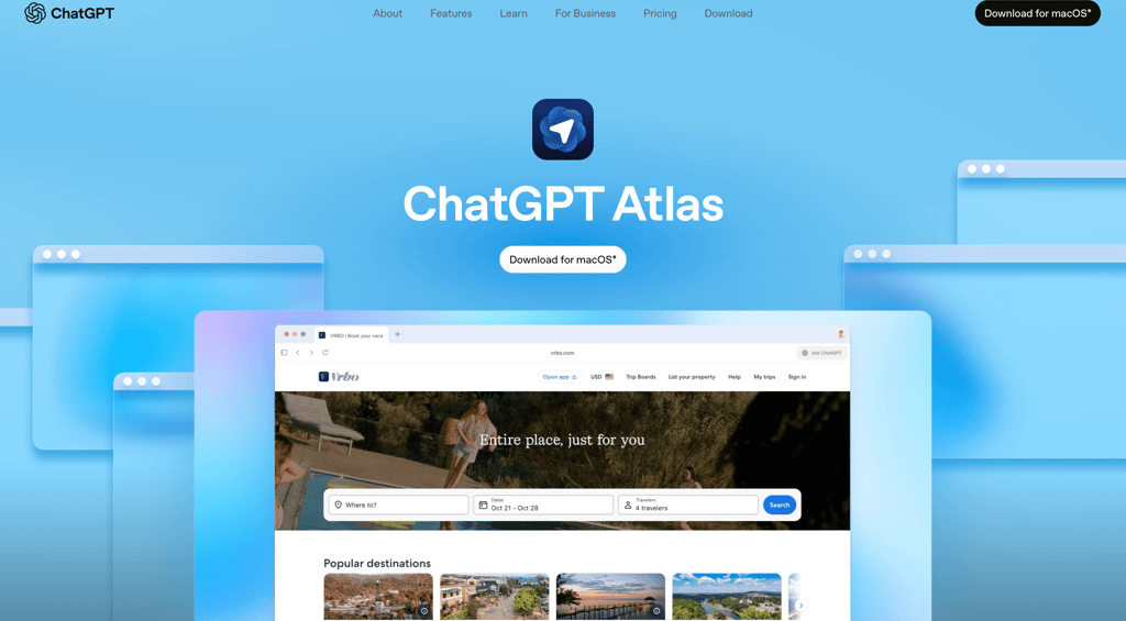 ChatGPT Atlas browser official download page for macOS showing download button and feature preview