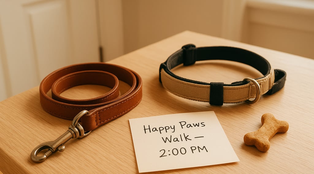 Leash and note ready by the door for a Happy Paws pet walk, symbolizing reliable pet care