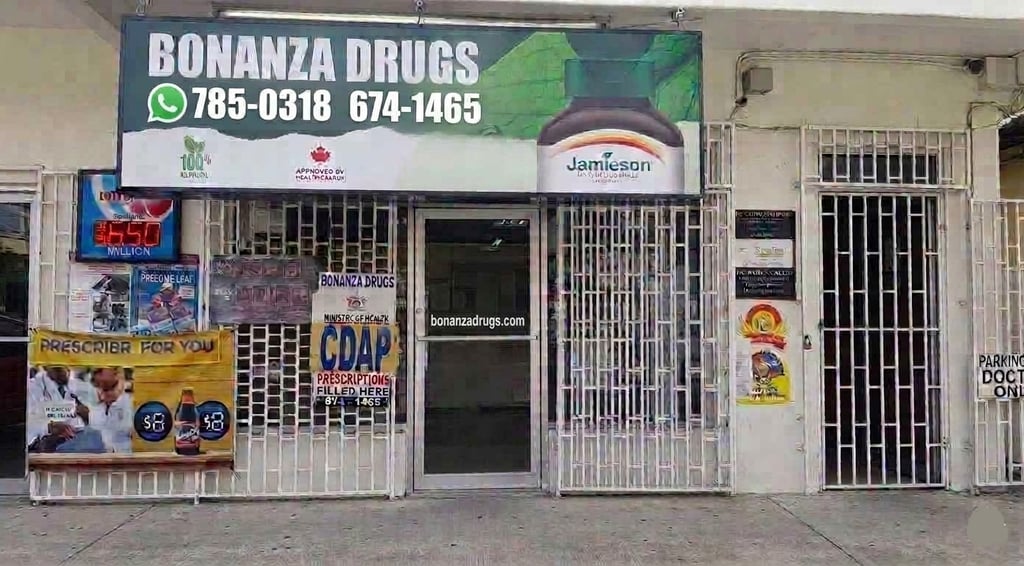 Bonanza Drugs storefront with CDAP signs and Jamieson vitamins advertisement on the exterior.