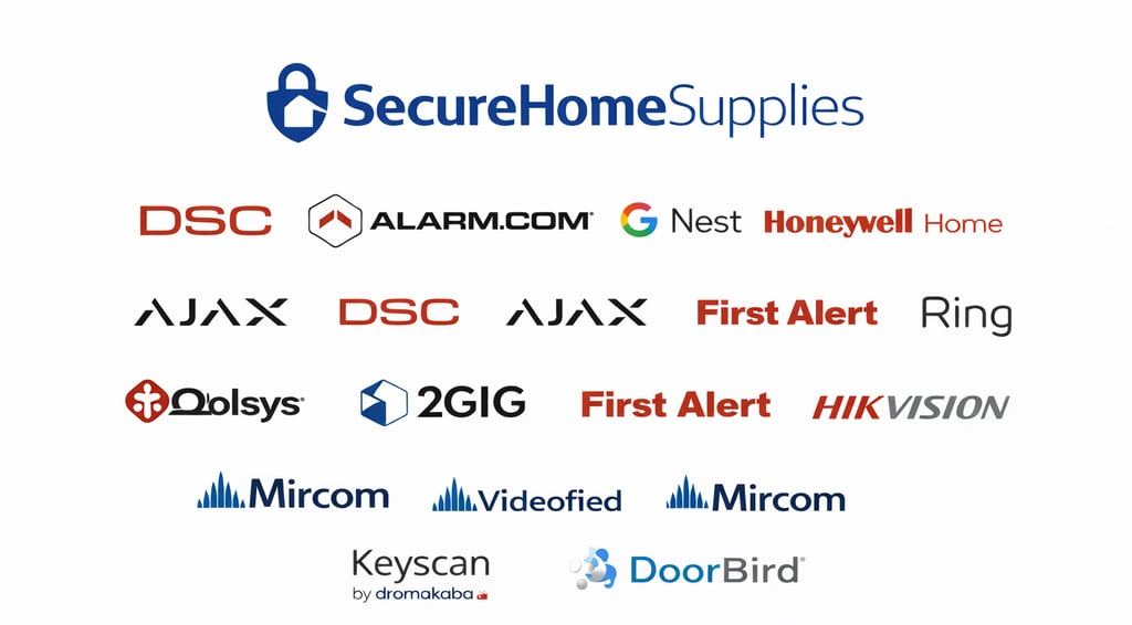 SecureHomeSupplies trusted security brands including DSC, Alarm.com, Google Nest, Honeywell Home, Ajax, Ring, and Qolsys