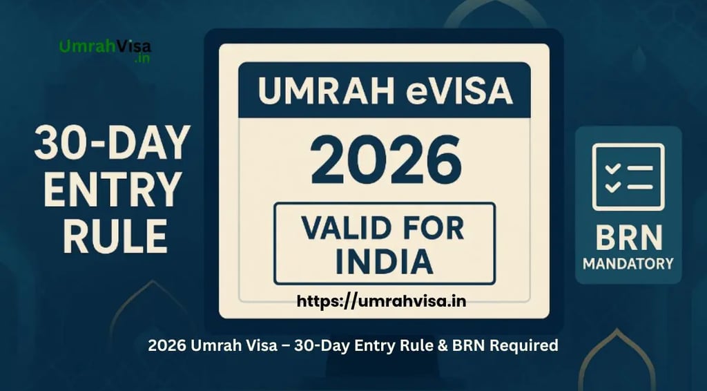 2026 Umrah eVisa for Indians showing 30-day entry rule and BRN requirement.