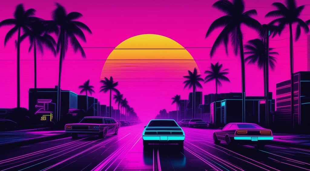 Synthwave-style car heading into a colorful neon sunset, inspired by 1980s aesthetics.