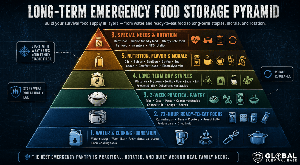 A long-term emergency food storage pyramid infographic showing survival supply layers from water to staples.