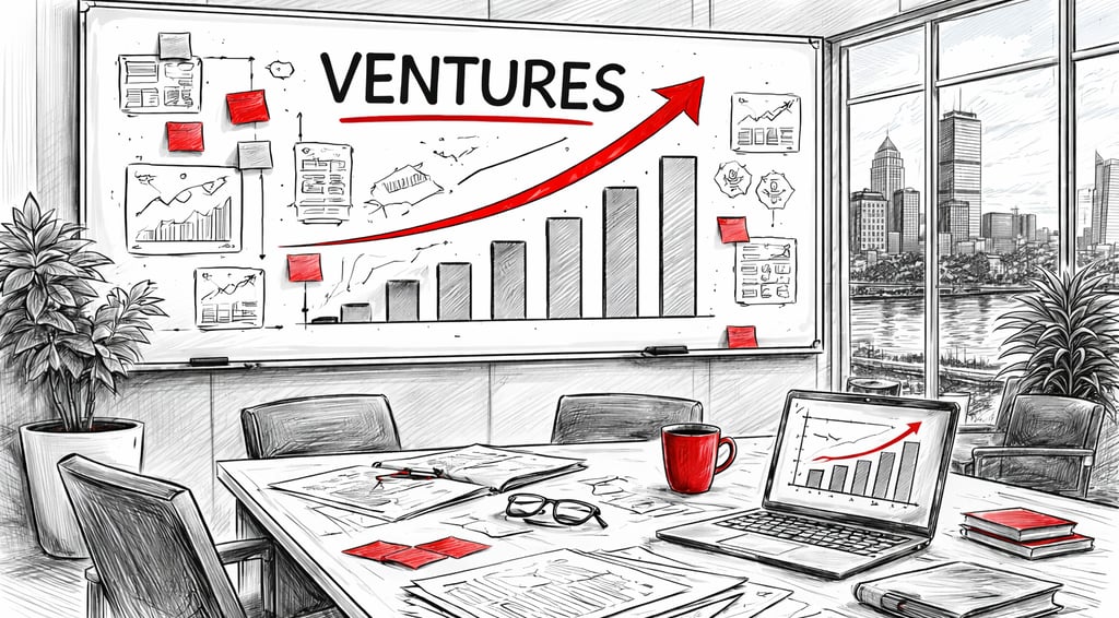 Business venture growth chart showing an upward red arrow on an office whiteboard sketch.