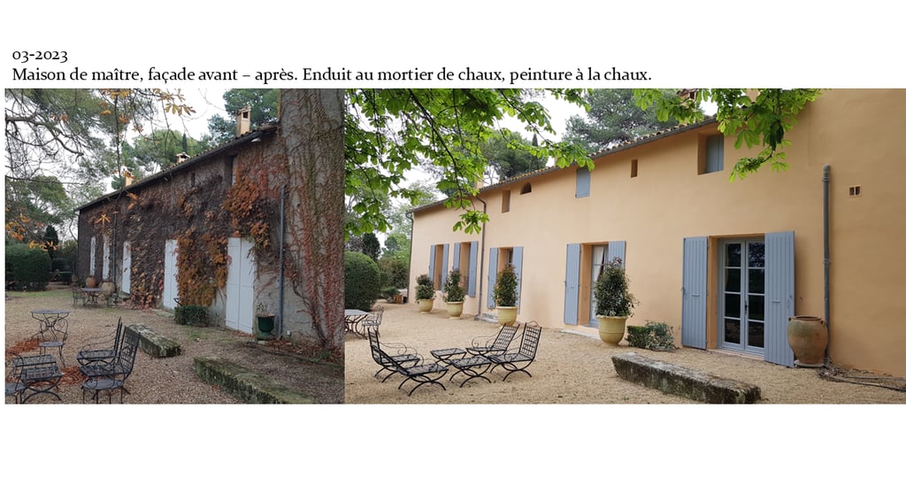 Façade enduit au mortier de chaux, peinture à la chaux