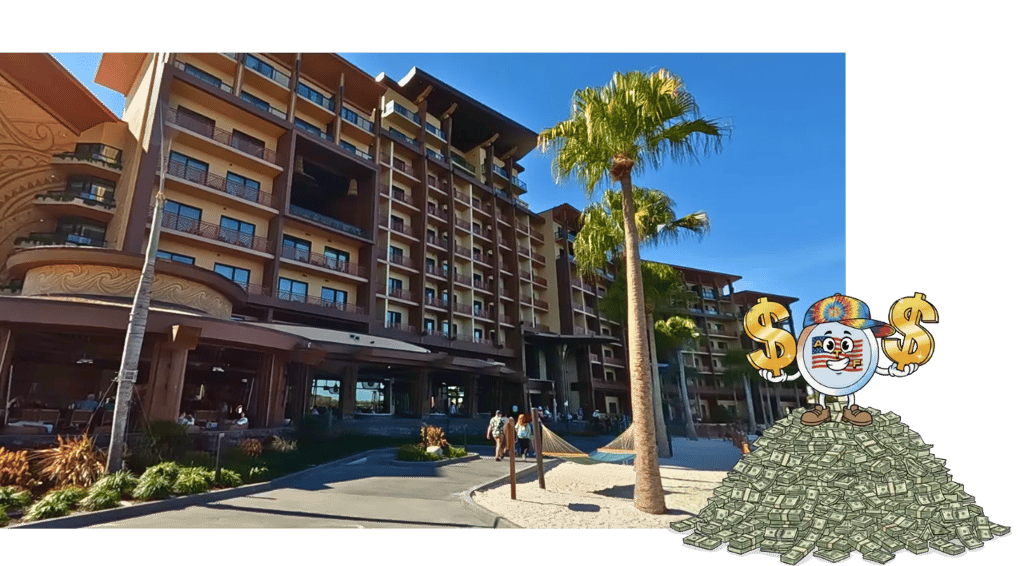 Disney World resort hotel exterior with palm trees, cartoon mascot standing on a pile of cash representing high hotel costs