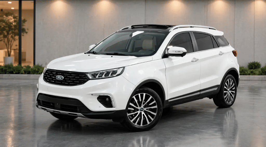 Ford Territory Titanium 2021 SUV médio branco em ambiente estilo showroom