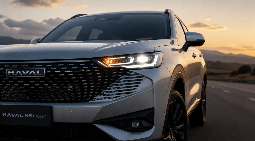 GWM Haval H6 HEV em close frontal com farol LED aceso em estrada ao pôr do sol