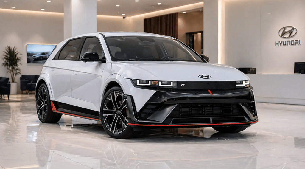 Hyundai Ioniq 5 N em showroom interno com piso brilhante e design esportivo