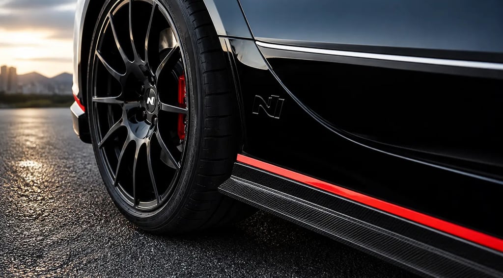 Detalhe da roda Hyundai N com freio esportivo e acabamento em fibra de carbono