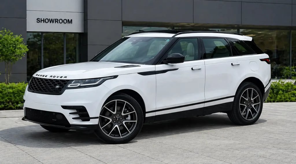 Land Rover branco em frente a showroom externo com design moderno durante recall por falha elétrica