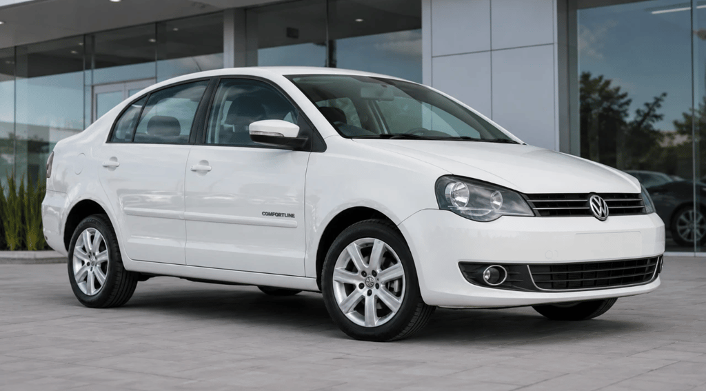 Volkswagen Polo Sedan Comfortline 2014 branco em showroom externo com frente sem placa