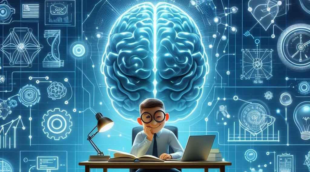a man sitting at a desk with a laptop computer and a brain map