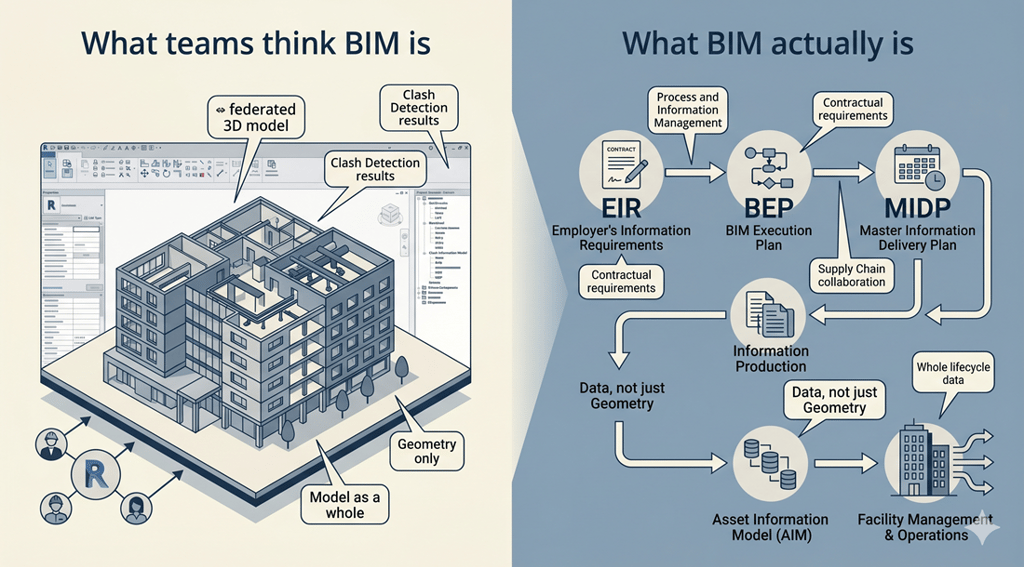 Schéma des trois dimensions du BIM selon Buildwise : maquette numérique, méthode de travail et échange d'informations