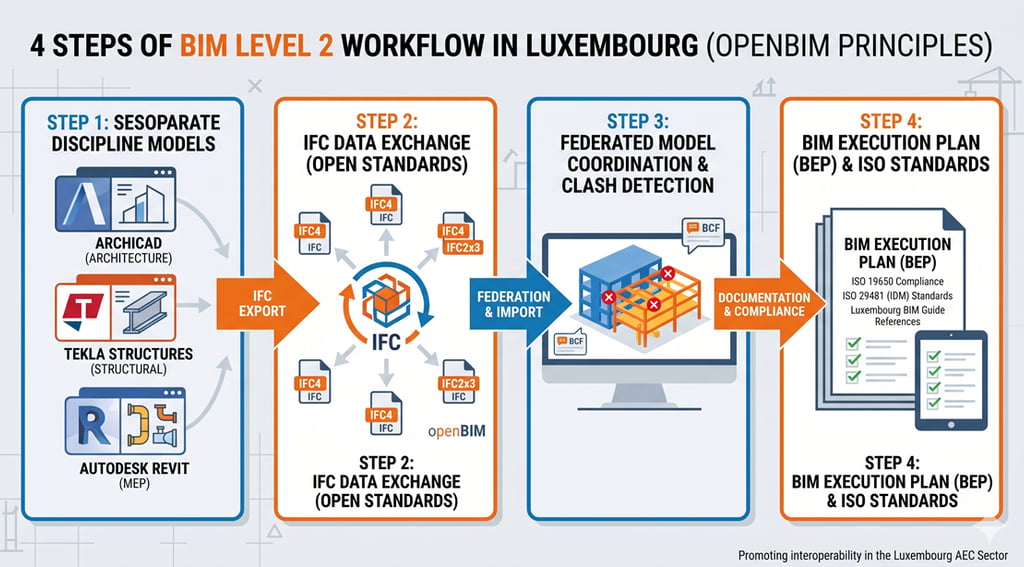 Tableau de bord de gestion de projet BIM niveau 2 avec BEP, MIDP et résultats d'audit IFC, contexte Luxembourg