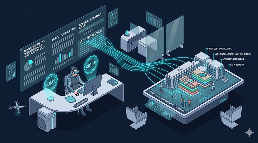 Coordinateur BIM analysant les orientations ILNAS et CRTI-B ANS 2026 connectées   à un modèle BIM.