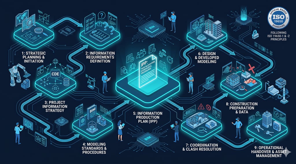 Diagramme des 9 étapes du processus BIM révisé selon ISO 19650 avec IPP central.