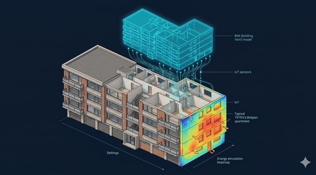 Bâtiment belge avec capteurs IoT et jumeau numérique BIM, flux de données énergétiques en temps réel, CORDIS