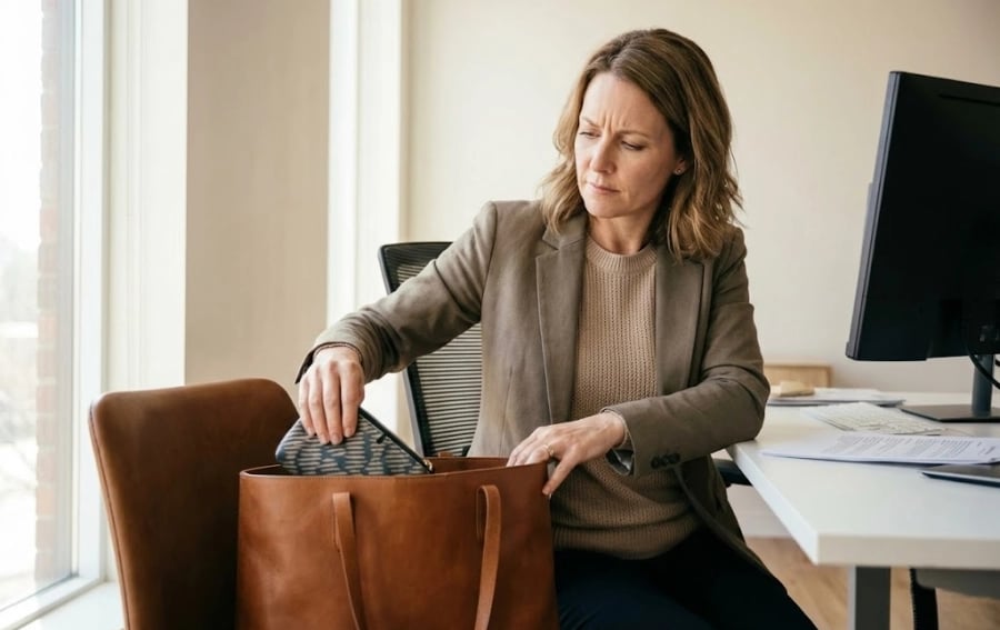 Woman at work discreetly managing an unpredictable period — the invisible reality of irregular periods during perimenopause