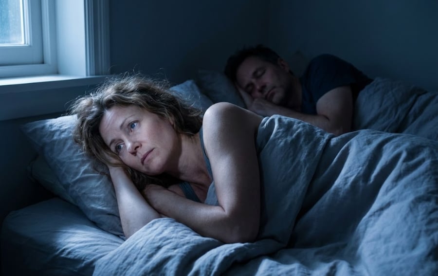 Woman lying awake at night beside her sleeping partner — reflecting on changes in desire during perimenopause