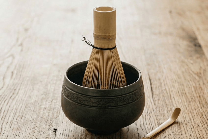 bamboo matcha whisk (chasen) inside ceramic bowl on wooden surface