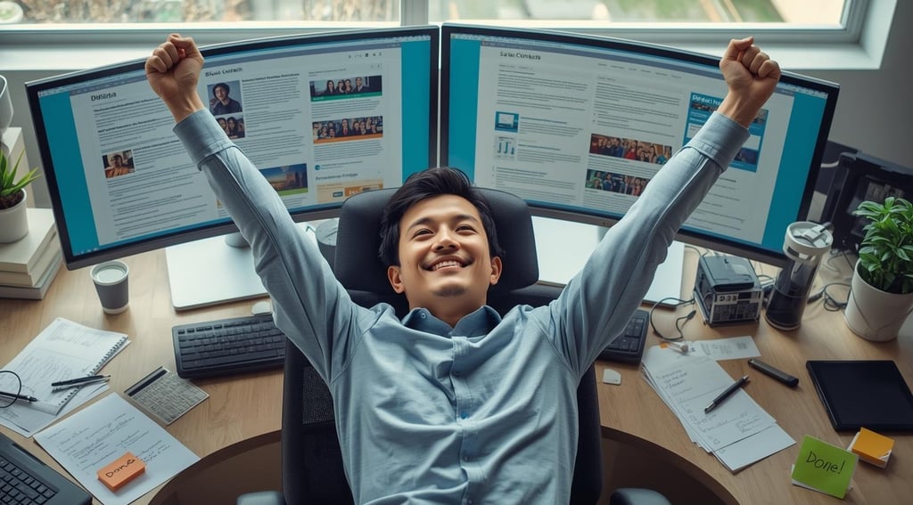 Writer celebrating productivity with AI content creation