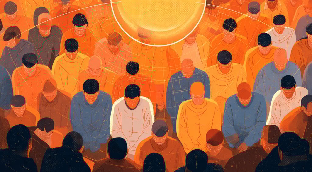 a group of people standing around a large yellow sun