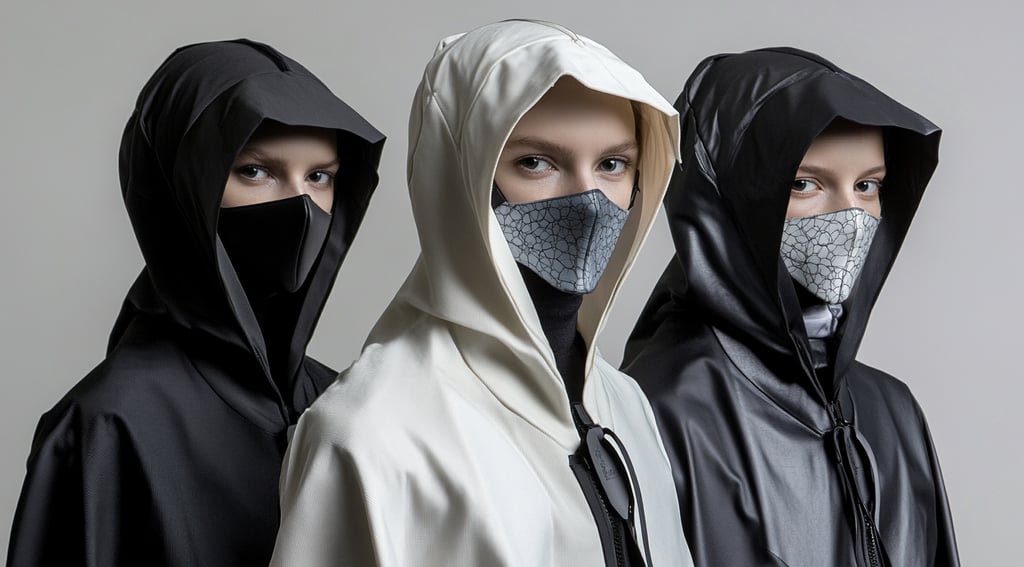 three people wearing masks and black clothing