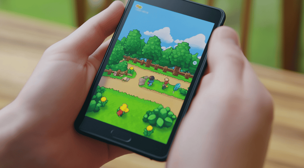 a person holding a phone with a video game on it