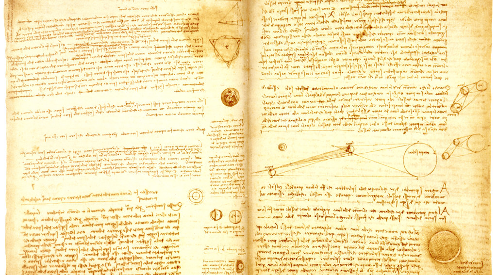 Pages from Leonardo da Vinci's Codex Leicester showcasing his mirrored handwriting and scientific dr