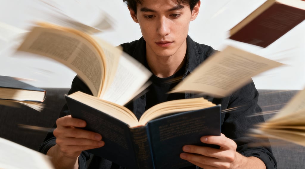 Artistic representation of reading at extreme speed with pages in motion
